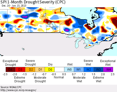 Canada SPI 1-Month Drought Severity (CPC) Thematic Map For 12/16/2022 - 1/15/2023