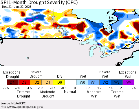 Canada SPI 1-Month Drought Severity (CPC) Thematic Map For 12/21/2022 - 1/20/2023