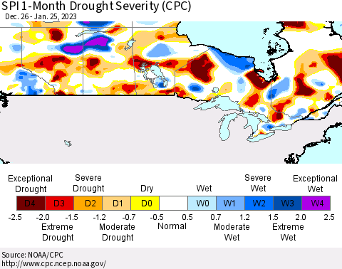Canada SPI 1-Month Drought Severity (CPC) Thematic Map For 12/26/2022 - 1/25/2023