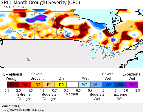 Canada SPI 1-Month Drought Severity (CPC) Thematic Map For 1/1/2023 - 1/31/2023