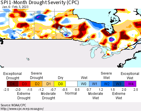 Canada SPI 1-Month Drought Severity (CPC) Thematic Map For 1/6/2023 - 2/5/2023