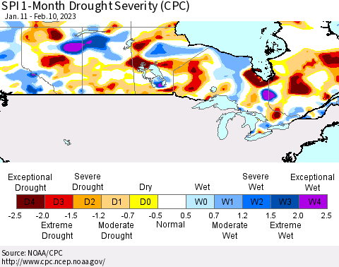 Canada SPI 1-Month Drought Severity (CPC) Thematic Map For 1/11/2023 - 2/10/2023