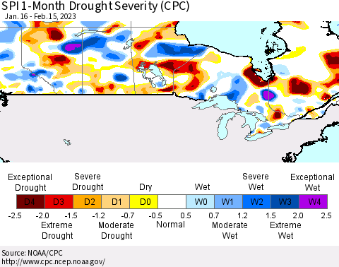 Canada SPI 1-Month Drought Severity (CPC) Thematic Map For 1/16/2023 - 2/15/2023