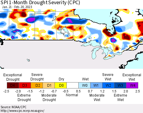 Canada SPI 1-Month Drought Severity (CPC) Thematic Map For 1/21/2023 - 2/20/2023
