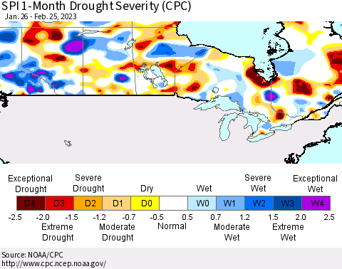 Canada SPI 1-Month Drought Severity (CPC) Thematic Map For 1/26/2023 - 2/25/2023