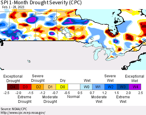 Canada SPI 1-Month Drought Severity (CPC) Thematic Map For 2/1/2023 - 2/28/2023