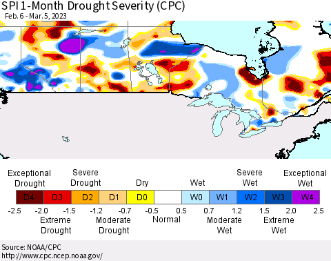 Canada SPI 1-Month Drought Severity (CPC) Thematic Map For 2/6/2023 - 3/5/2023