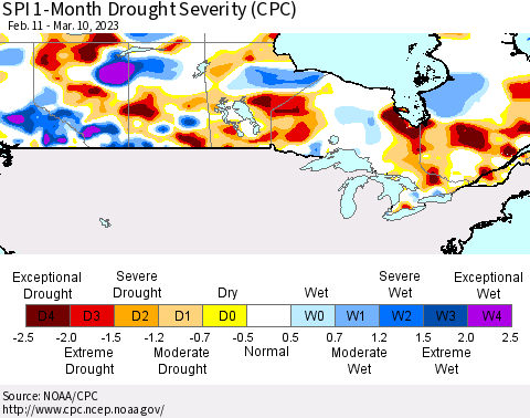 Canada SPI 1-Month Drought Severity (CPC) Thematic Map For 2/11/2023 - 3/10/2023