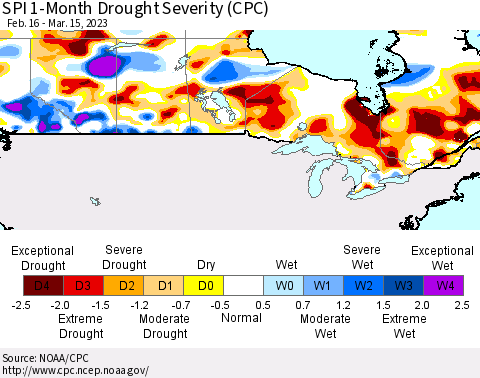 Canada SPI 1-Month Drought Severity (CPC) Thematic Map For 2/16/2023 - 3/15/2023
