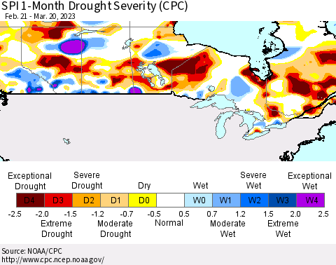 Canada SPI 1-Month Drought Severity (CPC) Thematic Map For 2/21/2023 - 3/20/2023