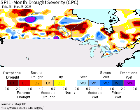 Canada SPI 1-Month Drought Severity (CPC) Thematic Map For 2/26/2023 - 3/25/2023