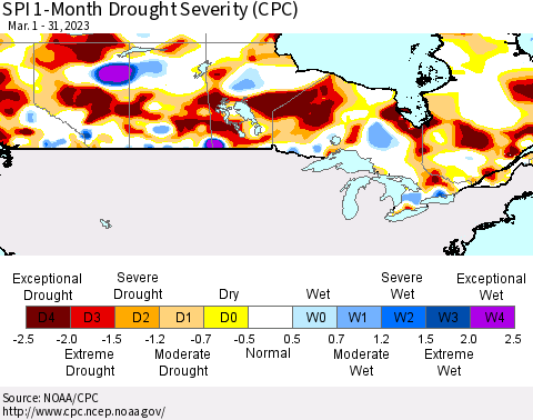 Canada SPI 1-Month Drought Severity (CPC) Thematic Map For 3/1/2023 - 3/31/2023