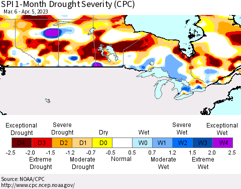 Canada SPI 1-Month Drought Severity (CPC) Thematic Map For 3/6/2023 - 4/5/2023