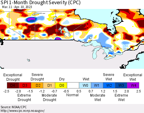 Canada SPI 1-Month Drought Severity (CPC) Thematic Map For 3/11/2023 - 4/10/2023