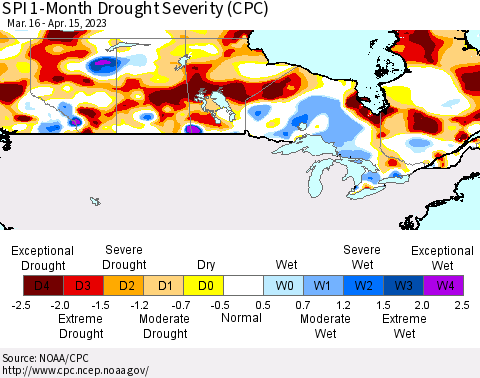 Canada SPI 1-Month Drought Severity (CPC) Thematic Map For 3/16/2023 - 4/15/2023