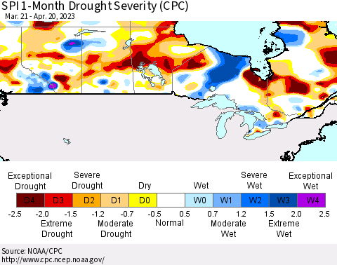 Canada SPI 1-Month Drought Severity (CPC) Thematic Map For 3/21/2023 - 4/20/2023
