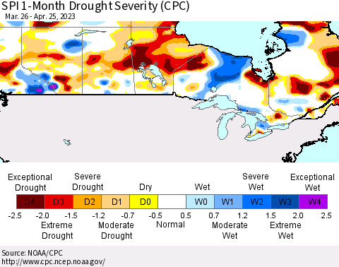 Canada SPI 1-Month Drought Severity (CPC) Thematic Map For 3/26/2023 - 4/25/2023