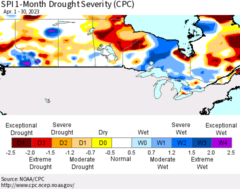 Canada SPI 1-Month Drought Severity (CPC) Thematic Map For 4/1/2023 - 4/30/2023
