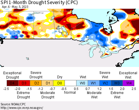 Canada SPI 1-Month Drought Severity (CPC) Thematic Map For 4/6/2023 - 5/5/2023