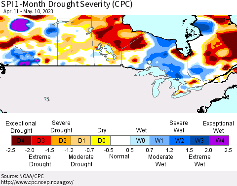 Canada SPI 1-Month Drought Severity (CPC) Thematic Map For 4/11/2023 - 5/10/2023