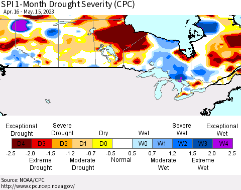 Canada SPI 1-Month Drought Severity (CPC) Thematic Map For 4/16/2023 - 5/15/2023