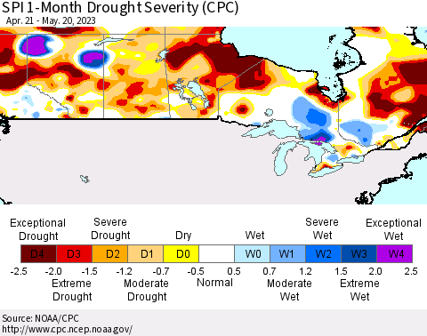 Canada SPI 1-Month Drought Severity (CPC) Thematic Map For 4/21/2023 - 5/20/2023