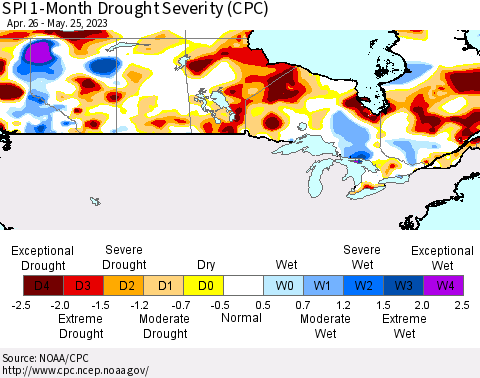 Canada SPI 1-Month Drought Severity (CPC) Thematic Map For 4/26/2023 - 5/25/2023