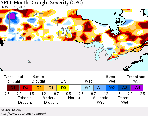 Canada SPI 1-Month Drought Severity (CPC) Thematic Map For 5/1/2023 - 5/31/2023