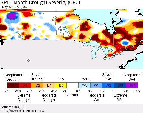 Canada SPI 1-Month Drought Severity (CPC) Thematic Map For 5/6/2023 - 6/5/2023