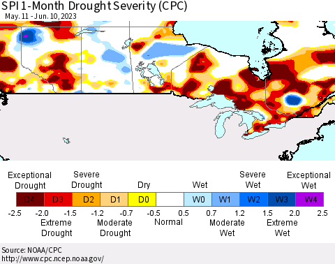 Canada SPI 1-Month Drought Severity (CPC) Thematic Map For 5/11/2023 - 6/10/2023