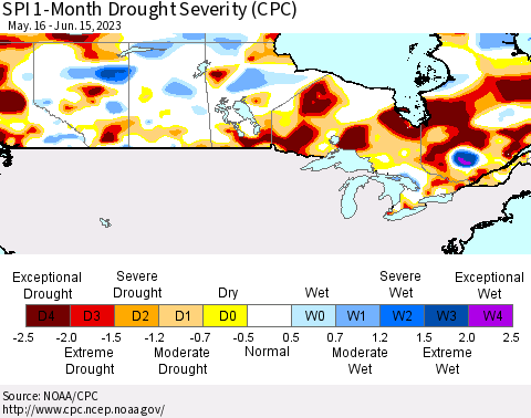 Canada SPI 1-Month Drought Severity (CPC) Thematic Map For 5/16/2023 - 6/15/2023
