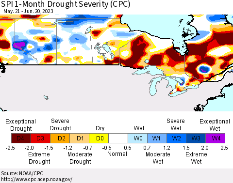 Canada SPI 1-Month Drought Severity (CPC) Thematic Map For 5/21/2023 - 6/20/2023