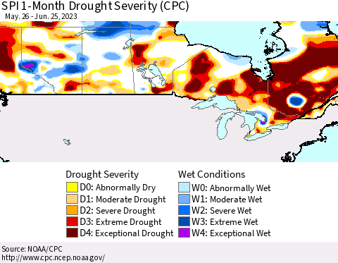 Canada SPI 1-Month Drought Severity (CPC) Thematic Map For 5/26/2023 - 6/25/2023