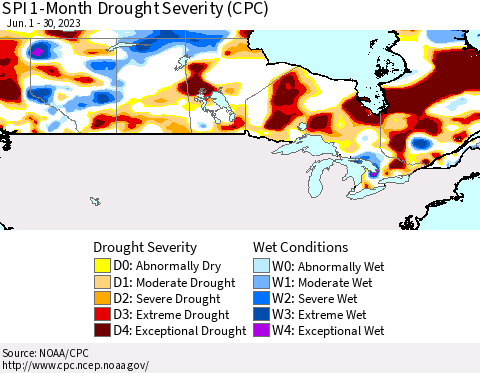 Canada SPI 1-Month Drought Severity (CPC) Thematic Map For 6/1/2023 - 6/30/2023
