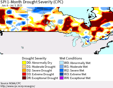 Canada SPI 1-Month Drought Severity (CPC) Thematic Map For 6/6/2023 - 7/5/2023