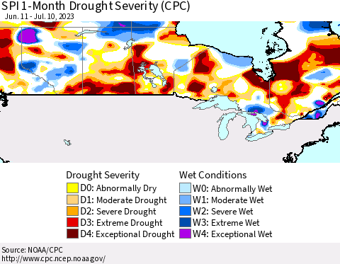 Canada SPI 1-Month Drought Severity (CPC) Thematic Map For 6/11/2023 - 7/10/2023
