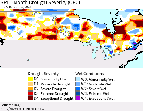 Canada SPI 1-Month Drought Severity (CPC) Thematic Map For 6/16/2023 - 7/15/2023