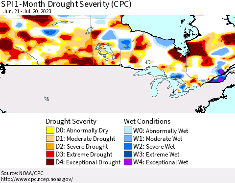 Canada SPI 1-Month Drought Severity (CPC) Thematic Map For 6/21/2023 - 7/20/2023