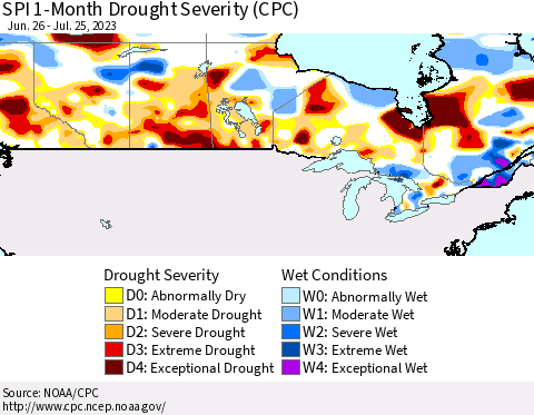 Canada SPI 1-Month Drought Severity (CPC) Thematic Map For 6/26/2023 - 7/25/2023