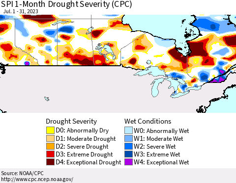 Canada SPI 1-Month Drought Severity (CPC) Thematic Map For 7/1/2023 - 7/31/2023