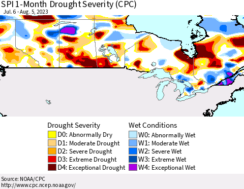 Canada SPI 1-Month Drought Severity (CPC) Thematic Map For 7/6/2023 - 8/5/2023
