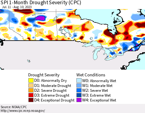 Canada SPI 1-Month Drought Severity (CPC) Thematic Map For 7/11/2023 - 8/10/2023
