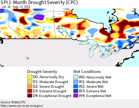 Canada SPI 1-Month Drought Severity (CPC) Thematic Map For 7/16/2023 - 8/15/2023
