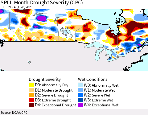 Canada SPI 1-Month Drought Severity (CPC) Thematic Map For 7/21/2023 - 8/20/2023