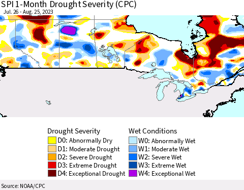 Canada SPI 1-Month Drought Severity (CPC) Thematic Map For 7/26/2023 - 8/25/2023