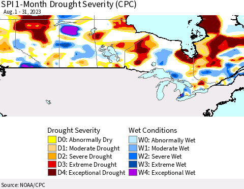 Canada SPI 1-Month Drought Severity (CPC) Thematic Map For 8/1/2023 - 8/31/2023
