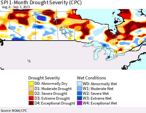Canada SPI 1-Month Drought Severity (CPC) Thematic Map For 8/6/2023 - 9/5/2023