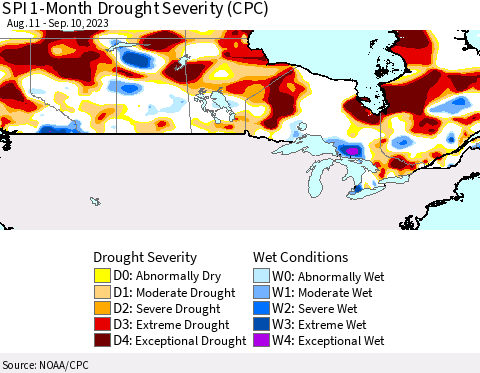 Canada SPI 1-Month Drought Severity (CPC) Thematic Map For 8/11/2023 - 9/10/2023