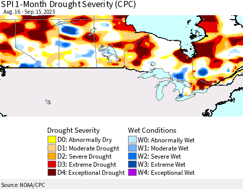 Canada SPI 1-Month Drought Severity (CPC) Thematic Map For 8/16/2023 - 9/15/2023