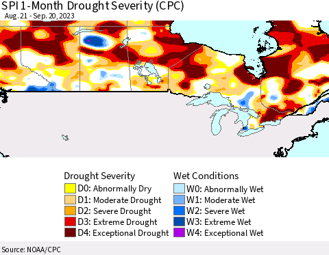 Canada SPI 1-Month Drought Severity (CPC) Thematic Map For 8/21/2023 - 9/20/2023